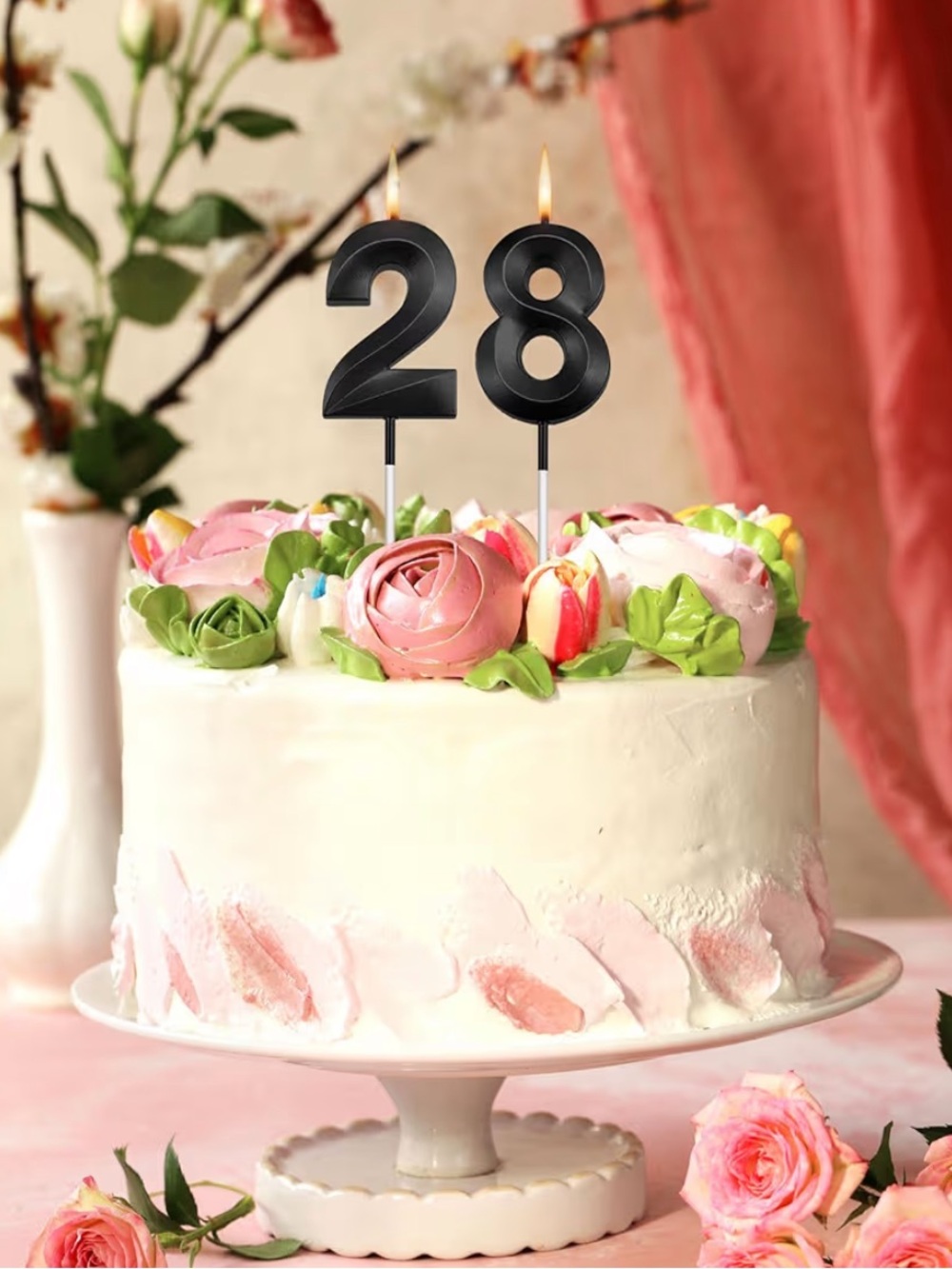 Black Number 28 Candles & Happy Birthday Cake Toppers